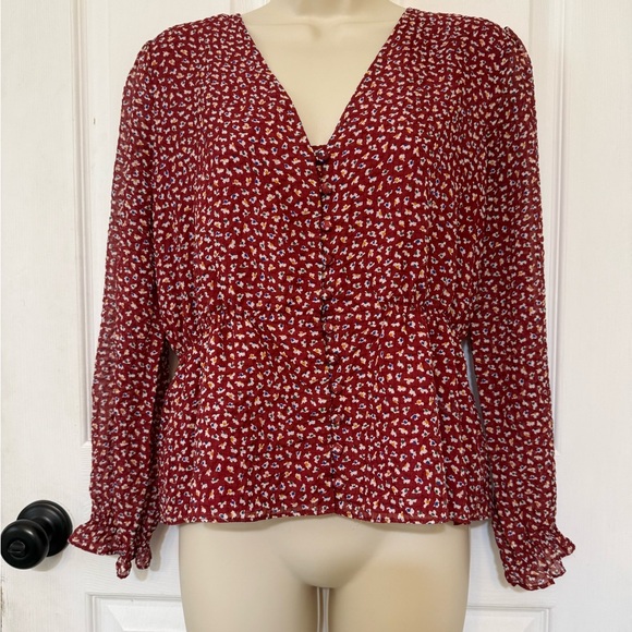 Madewell Red Floral Peasant Blouse Long Sleeve V-Neck Boho Top Women’s M - Picture 3 of 4